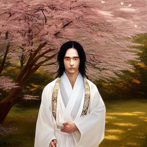 Image similar to a portrait of a young beautiful prince, golden eyes, long black hair, white hanfu, elegant, intricate, backlit, incredible lighting, strong rim light, subsurface scattering, photorealistic, epic beautiful landscape, cherry trees, highly detailed, digital painting, by Heise Jinyao, Heise-Lian Yan Fang, Feimo, Rossdraws, HDRI, vivid colors, high contrast, 8k