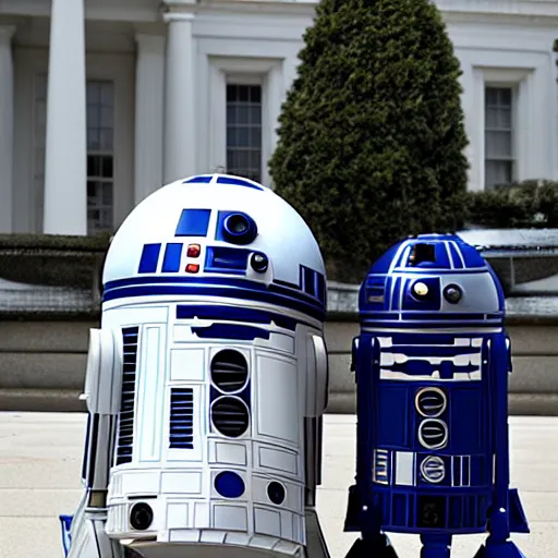 Image similar to portrait of r 2 - d 2 and c 3 p 0 in front of the whitehouse