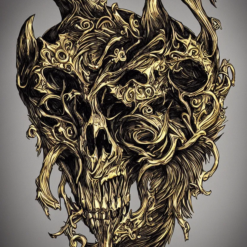 Image similar to photo of wolf skull on bones, dramatic lighting, circural, golden ornaments, symmetric, intricate skeletal decorations, symmetry, highly detailed, concept art, black, glimpse of red, white, gold layers, centered, style of nekroxiii, hyperrealistic, black background, smoke