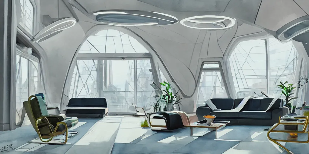 Image similar to a beautiful illustration of futuristic interior studio, lots of furniture, sofa, waiting room, big medium small, sacred geometry, golden ratio, in watercolor gouache detailed paintings, in style of syd mead, trending on artstation, 8 k, panel, hard surface, wallpaper, zaha hadid, scattered props, plant, cozy, decoration, simon stalenhag, deus ex