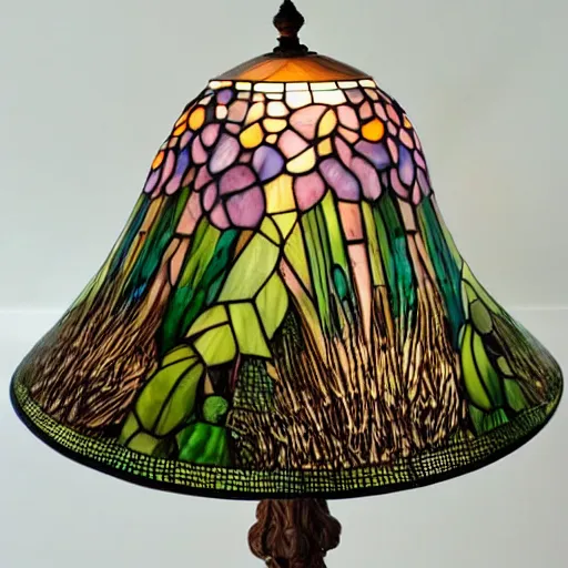 Prompt: beautifully detailed victorian art nouveau mushroom shaped tiffany lampshade, river reeds duckweeds close up abstract mallard feathers rubber leaves foliage, mucha tiffany kilian eng