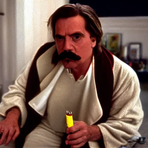 Image similar to friedrich nietzsche appearing in the movie the big lebowski as the dude, wearing a bathrobe, holding cigarette pipe