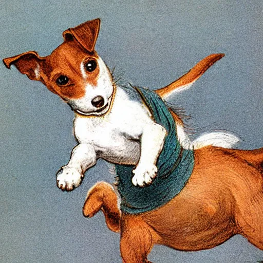 Image similar to portrait of a happy jack russel terrier jumping, closeup, illustrated by peggy fortnum and beatrix potter and sir john tenniel