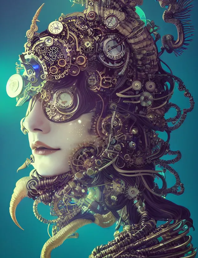 Prompt: 3 d goddess close - up profile steampunk portrait ram skull. beautiful intricately detailed japanese crow kitsune mask and clasical japanese kimono. betta fish, jellyfish phoenix, bio luminescent, plasma, ice, water, wind, creature, artwork by tooth wu and wlop and beeple and greg rutkowski