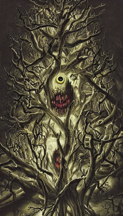 Image similar to a storm vortex made of many demonic eyes and teeth over a forest, by jason de graaf