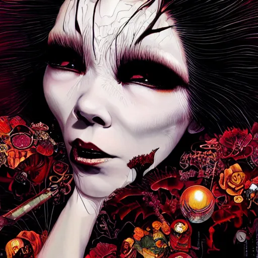 Prompt: portrait of crazy beautiful singer bjork as vampire, ymmetrical, by yoichi hatakenaka, masamune shirow, josan gonzales and dan mumford, ayami kojima, takato yamamoto, barclay shaw, karol bak, yukito kishiro