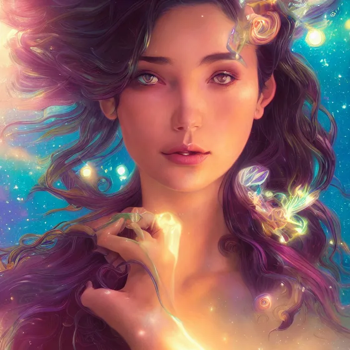 Prompt: beautiful, young woman, detailed gorgeous face, flowing hair, vaporwave aesthetic, synthwave, space, and planets in her hair with shooting star and milky way, psychedelic, digital painting, artstation, concept art, smooth, sharp focus, illustration, art by artgerm and greg rutkowski and alphonse mucha