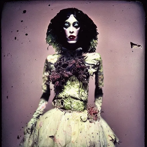 Image similar to damaged kodak portra 4 0 0, wetplate, photo of a surreal artsy dream scene,, very beautiful model, weird fashion, grotesque, extravagant dress, strange pose, carneval, with an animal, wtf, photographed by paolo roversi style