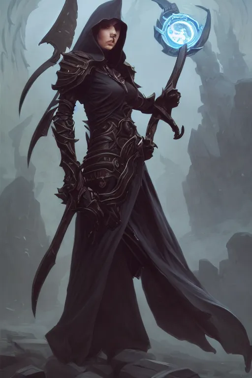 Image similar to reaped wielding a scythe, full body shot, hood, d & d, dark fantasy, intricate, highly detailed, digital painting, artstation, concept art, matte, sharp focus, illustration, hearthstone, art by artgerm and greg rutkowski and alphonse mucha