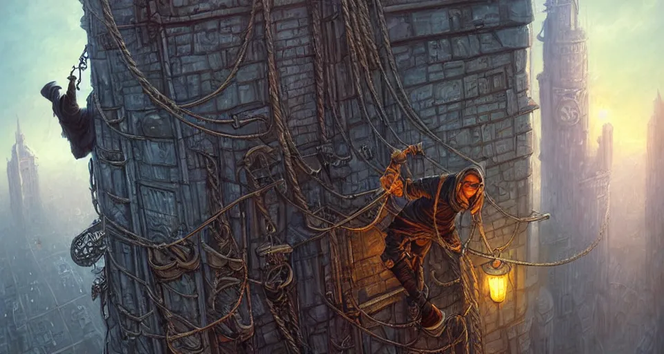 Prompt: landscape painting of a hooded thief in leathers using a rope to climb a tall metal steampunk buildings within a fantasy city with bridges, fine details, andreas rocha, magali villeneuve, artgerm, rutkowski