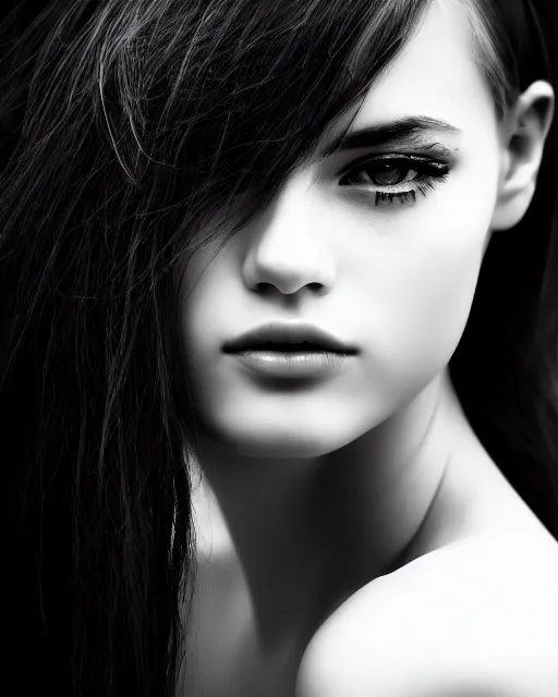 Image similar to black and white dreamy young beautiful female creature vegetal - cyborg high quality portrait photo, microchip skin, artificial intelligence, cinematic, rim light, photo - realistic, elegant, high detail, 8 k, masterpiece, high fashion, photo taken in 1 9 3 0