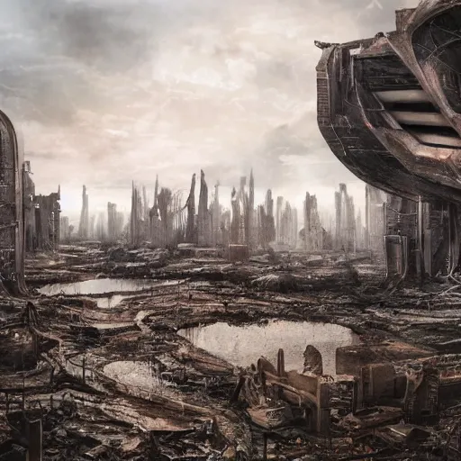 Image similar to the ruins of a futuristic city in a post-apocalyptic world, photography, award winning, 8k