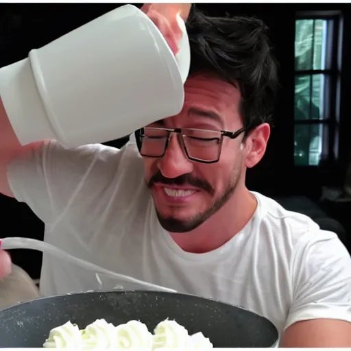 Image similar to markiplier slurping from a bucket of cream using a ladle, but spilling it all over his face and abs