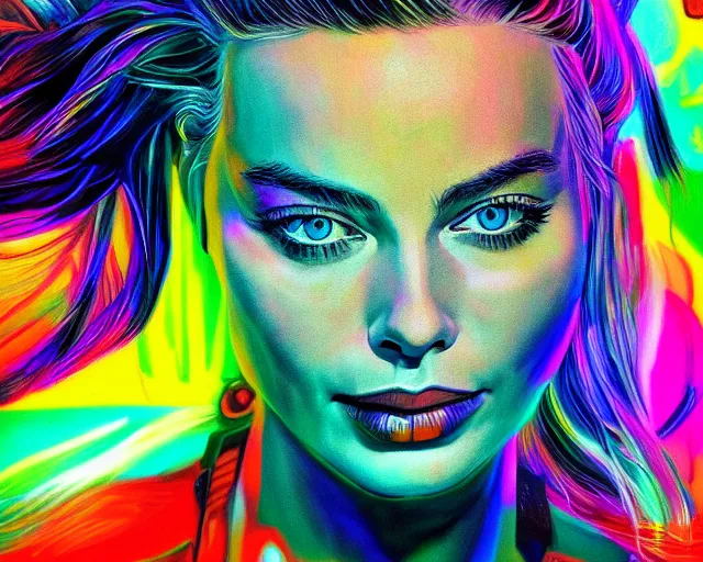 Prompt: neon art of margot robbie, hyper detailed, award winning