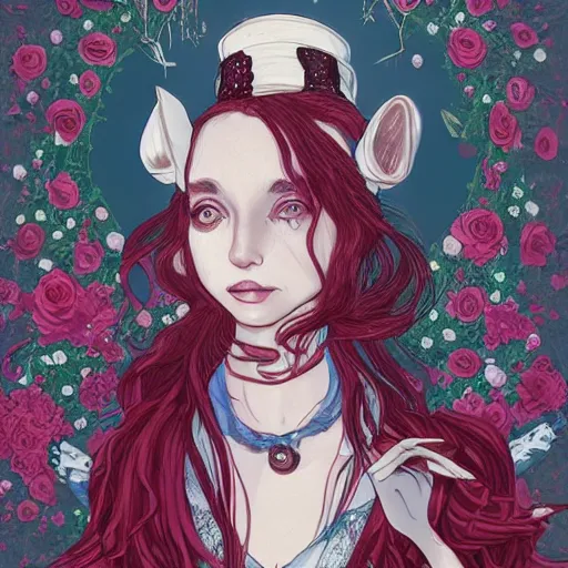 Image similar to Alice in Wonderland at the tea party, she looks like a mix of grimes and zoë kravitz, very long fingernails, childlike, hair and dress billowing dramatically in the wind, wearing heaving stacks of pearl necklaces, surrounded by red and white roses, digital illustration, inspired by a stylistic blend of Æon Flux by Peter Chung, Japanese shoujo manga, and murals by Shepard Fairey, hyper detailed!!! dreamlike, otherworldly and ethereal!!!!, delicate, flower petals, super photorealistic!! extremely fine inking lines, gradient colors