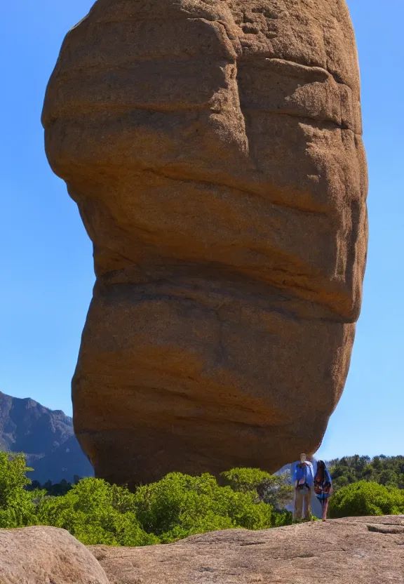 Prompt: tourist photo next to the world's biggest rock, high resolution