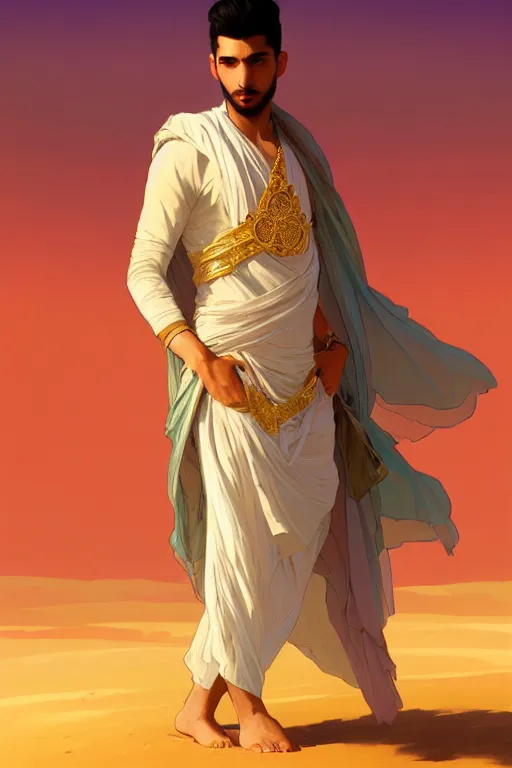 Image similar to full figure beautiful young fit arabic man, dressed with multicolored fluent clothes, luminous scene, by greg rutkowski and alphonse mucha, d & d character, gradient white to gold, in front of a dune desert background, highly detailed portrait, digital painting, artstation, concept art, smooth, sharp focus illustration, artstation hq