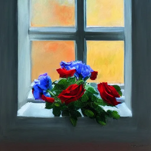 Prompt: A painting of a windowsill with flowers. Red rose. Blue violets. The natural light from the window would be shining in on the scene. Trending on artstation