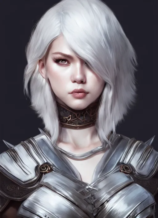 Image similar to warrior, fur leather armor!!! beautiful and elegant white hair female!! gorgeous ayes!! character concept art, sharp focus, octane render! unreal engine 5! highly rendered!! trending on artstation!! detailed linework!! illustration by artgerm, wlop, and chie yoshii