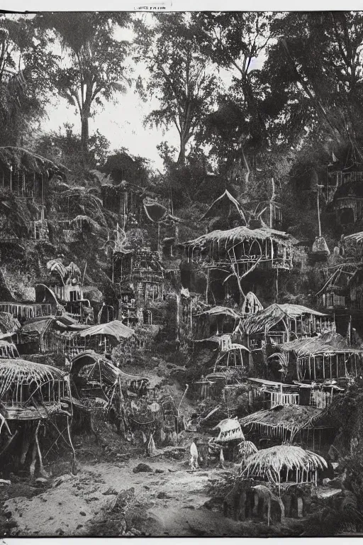 Image similar to alien village, jungle, black and white photography, year 1 9 0 0