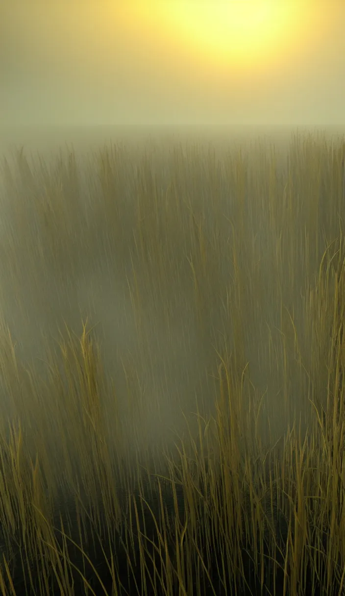 Prompt: close - up of a prehistoric swamp with tall grasses, among which swims a fearsome vertebrate with sharp teeth hunting small mammals, murky water, reflections, contrasting light, attention to detail, dark and dramatic atmosphere of prehistoric life, volumetric fog, raytracing, back light, raymarching, by ilm, by digital domain, by weta digital