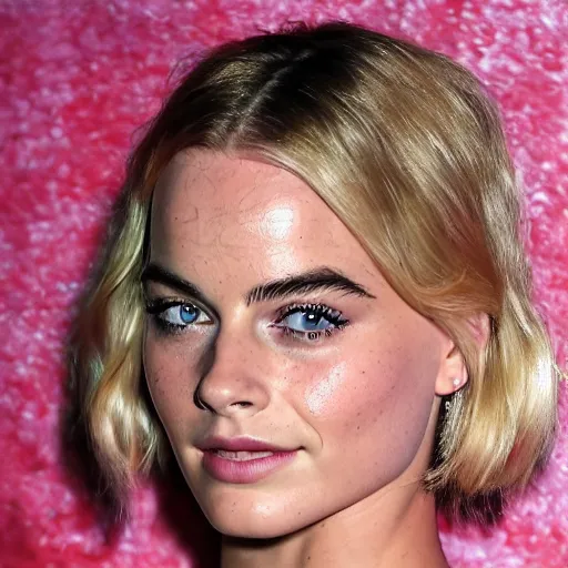 Image similar to a woman who is a genetic combination of margot robbie and emma watson face and upper - body focus