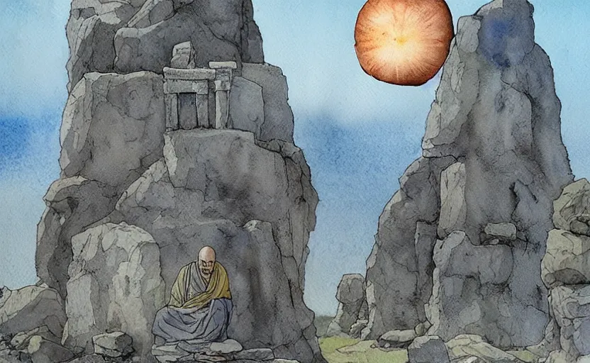 Prompt: a hyperrealist watercolor fantasy concept art of giant monk with a long forehead in grey robes sitting in stonehenge. several large stones are floating in the air. in the background a ufo is in the sky. by rebecca guay, michael kaluta, charles vess