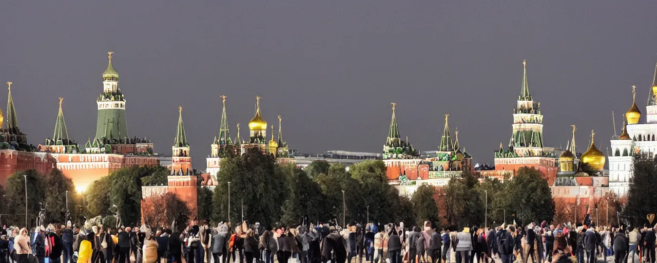 Image similar to Moscow Kremlin is on fire, people are panicking, dark atmosphere. Photography.
