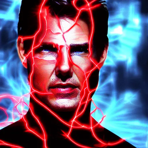 Image similar to Tom Cruise as a digital Cyborg, red wires coming out of his face, red glow in eye, sci-fi movie digital art