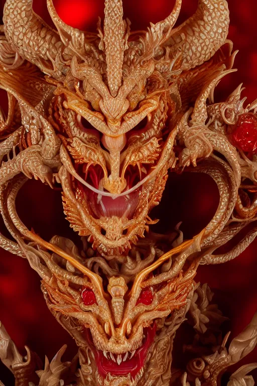 Image similar to a closeup portrait photo, alabaster and ruby real delicate ceramic porcelain sculpture of an ornate detailed humanoid dragon demon devil god in front of an intricate background by rafael, micro detail, backlit lighting, subsurface scattering, translucent, thin porcelain, fire, flames, amber, octane renderer, colorful, physically based rendering, trending on cgsociety