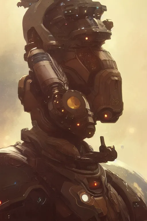 Image similar to A full portrait of a scifi heavy deep space soldier, intricate, elegant, highly detailed, digital painting, artstation, concept art, smooth, sharp focus, illustration, art by Krenz Cushart and Artem Demura and alphonse mucha