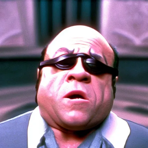 Image similar to film still of Danny Devito as Morpheus in The Matrix, full-shot, 4k