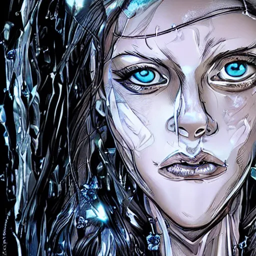 Image similar to woman portrait made out of ice, beautiful, cyborg, comic book art