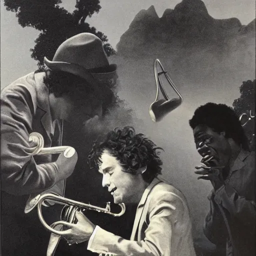 Prompt: Bob Dylan with his guitar and harmonica at the gates of heaven is greeted by Louis Armstrong blowing a trumpet by Maxfield Parrish and Glen Rutkowski and Raphael