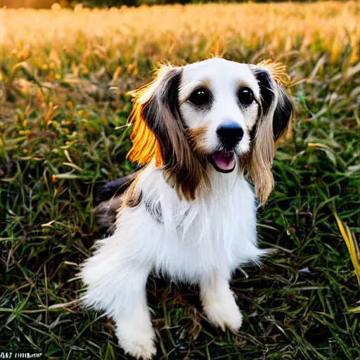 Image similar to the cutest looking mutt who is half long haired dachshund and half shih tzu, laying under a tree on a farm, golden hour, promised land, corn,