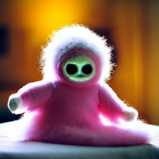 Image similar to lomography long shot of cute plush fluffy chthonic doll monster made to look like a baby, bokeh background