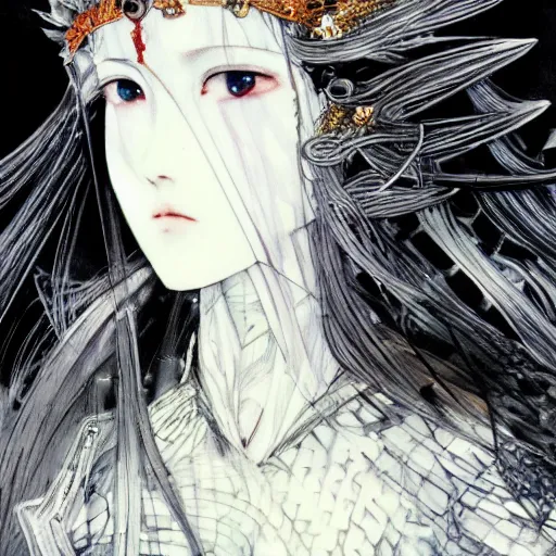 Image similar to yoshitaka amano blurred and dreamy illustration of an anime girl with black eyes, wavy white hair fluttering in the wind wearing elden ring armor and crown with engraving, abstract black and white patterns on the background, noisy film grain effect, highly detailed, renaissance oil painting, weird portrait angle, blurred lost edges, three quarter view