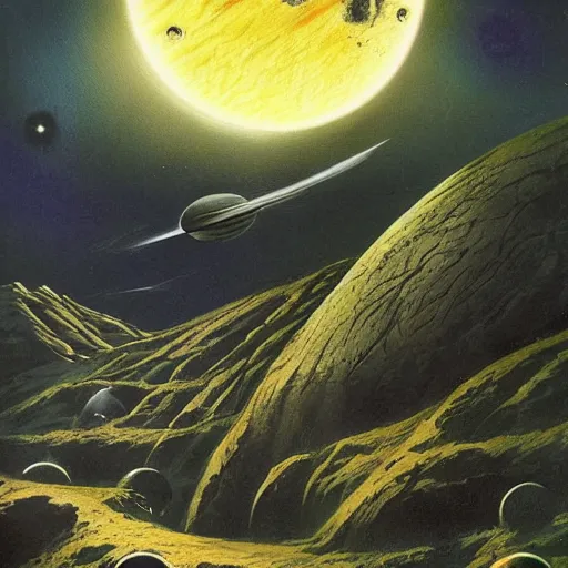 Prompt: alien planetscape illustrated by adolf schaller