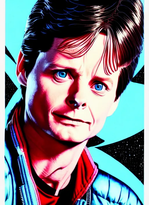 Prompt: michael j. fox as marty mcfly, extremely detailed, bold line art, by vincent di fate and joe fenton and artgerm, inking, etching, screen print, masterpiece, trending on artstation, sharp, high contrast, hyper realistic, hd, 4 k, 8 k