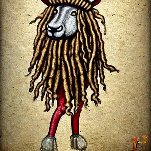 Image similar to a funny medieval wall painting of a rastafarian sheep with dreadlocks, highly detailed, trending on artstation