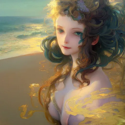 Prompt: a beautiful painting of the sea at dawn, spume dreams, fading away, blue, shimmering and prismatic, rococo, by krenz cushart and mucha, trending on artstation.