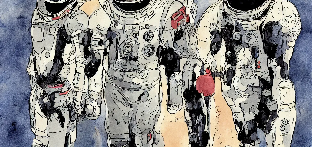 Image similar to male, full body, space suit with a modern helmet, character sheet, science fiction, very stylized, character design, pen and ink, digital painting, watercolor wash, by mike mignola, by alex maleev, jean giraud