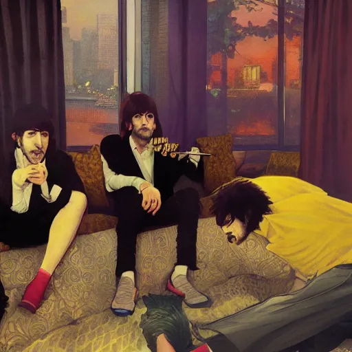 Image similar to The Beatles smoking weed in a hotel room with Bob Dylan, yellow theme, by krenz cushart and mucha and yoneyama mai and greg rutkowski