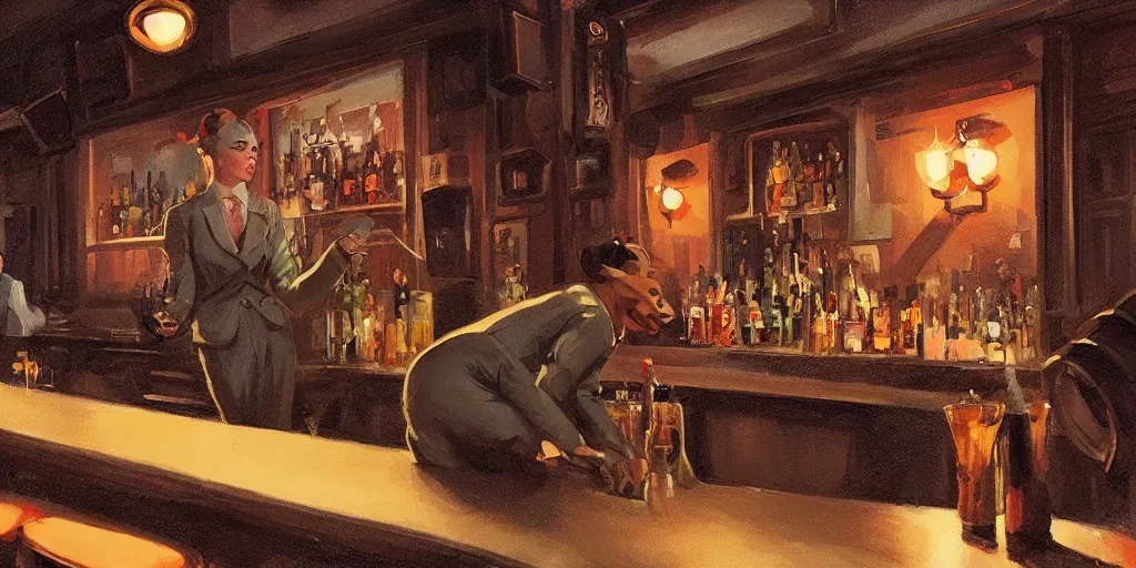 Image similar to a biped lady rat is working at the bar of a 4 0 s jazz club, warm color palette, night time, dramatic lighting, noir film, character sheet, fine details, high contrast, blacksad, kim jung gi, greg rutkowski, trending on artstation, 8 k, front view, back view, ultra wide angle