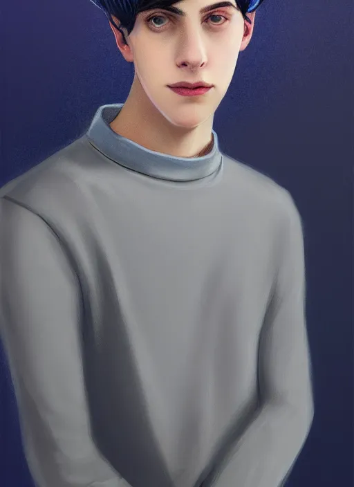 Image similar to portrait of teenage jughead jones wearing a light grey crown, crown, blue turtleneck, closed eyes, photorealistic, black hair, glowing lighting, intricate, elegant, glowing lights, highly detailed, digital painting, artstation, concept art, smooth, sharp focus, illustration, art by wlop, mars ravelo and greg rutkowski