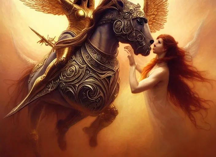 Prompt: demonic horse and angelic woman in armour, passionate pose, intricate, elegant, golden glow, sharp focus, soft bokeh, illustration, highly detailed, concept art, matte, trending on artstation, bright colors, 3 d 8 k, art by wlop and artgerm and greg rutkowski, mucha, giger, marvel comics, beksinski