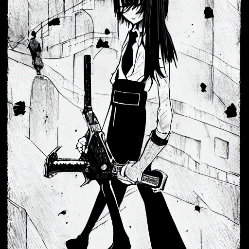 Image similar to a girl wearing a business and a red necktie, in the style of chainsaw man, black and white, anime art, hd, detailed drawing