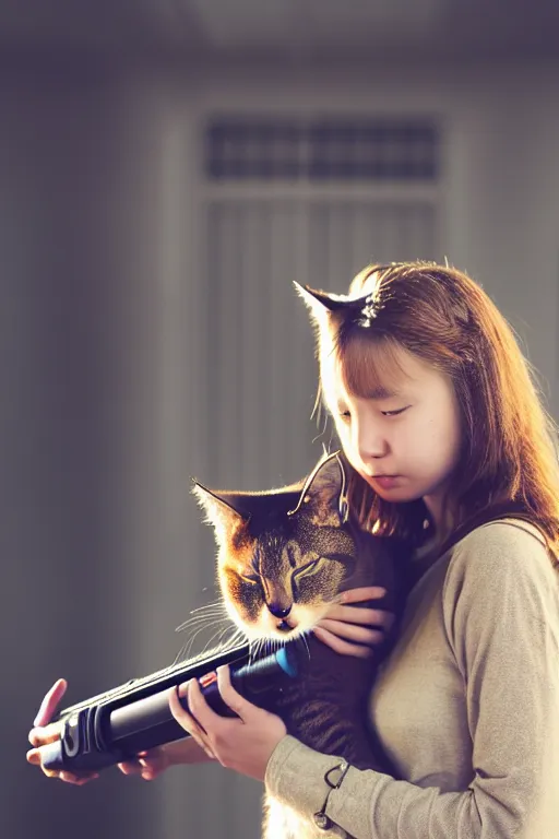 Image similar to photo of the girl, her cat and her railgun, symmetrical, cinematic, real dlsr photography, sharp focus, 4 k, ultra hd, sense of awe, military journal cover