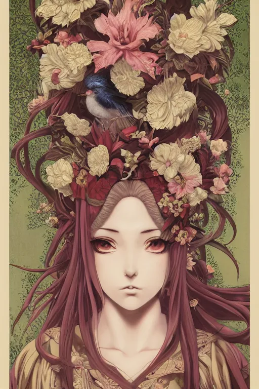 Prompt: anime portrait of a bird woman with exotic flowers on her head, detailed girl, high resolution 4k by Trevor Brown and James Jean pop art nouveau, Mark Ryden, vintage