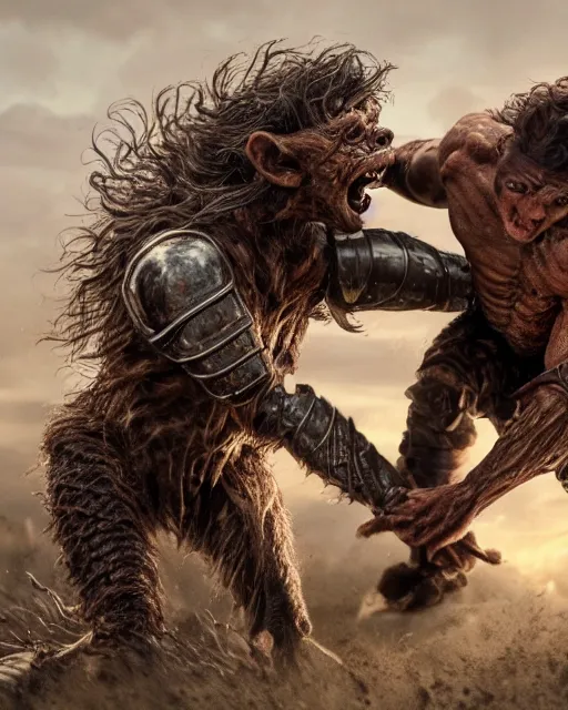 Prompt: highly detailed portrait of a movie goblin, attacking a human warrior with natural brown hair and leather armor. depth of field, breathtaking, detailed and intricate environment, 8 k resolution, hyperrealistic